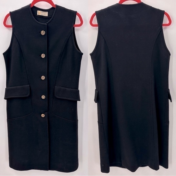Vintage BANFF Gianni Ferri Inky Black Wool Dress Size 16 Classy Jackie O - Picture 2 of 4